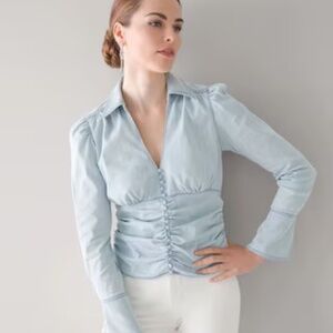 NWT White House Black Market Ruched Waist Denim Shirt. Light Denim. Size 6